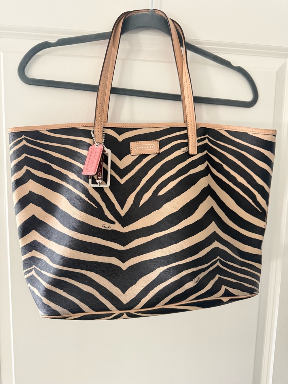 COACH Zebra-Print Leather Tote in Black and Beige